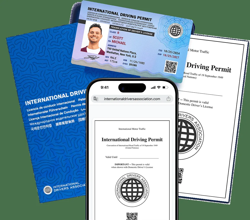 International Driving Permit card, booklet and phone